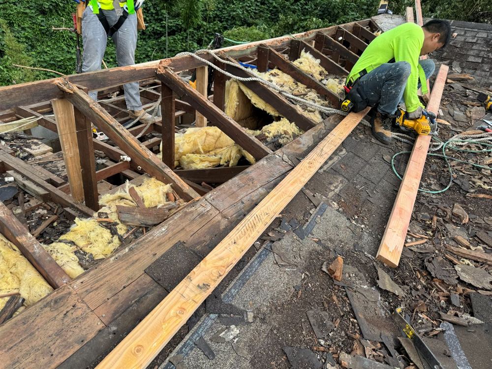 Roofing crew replacing roof framing